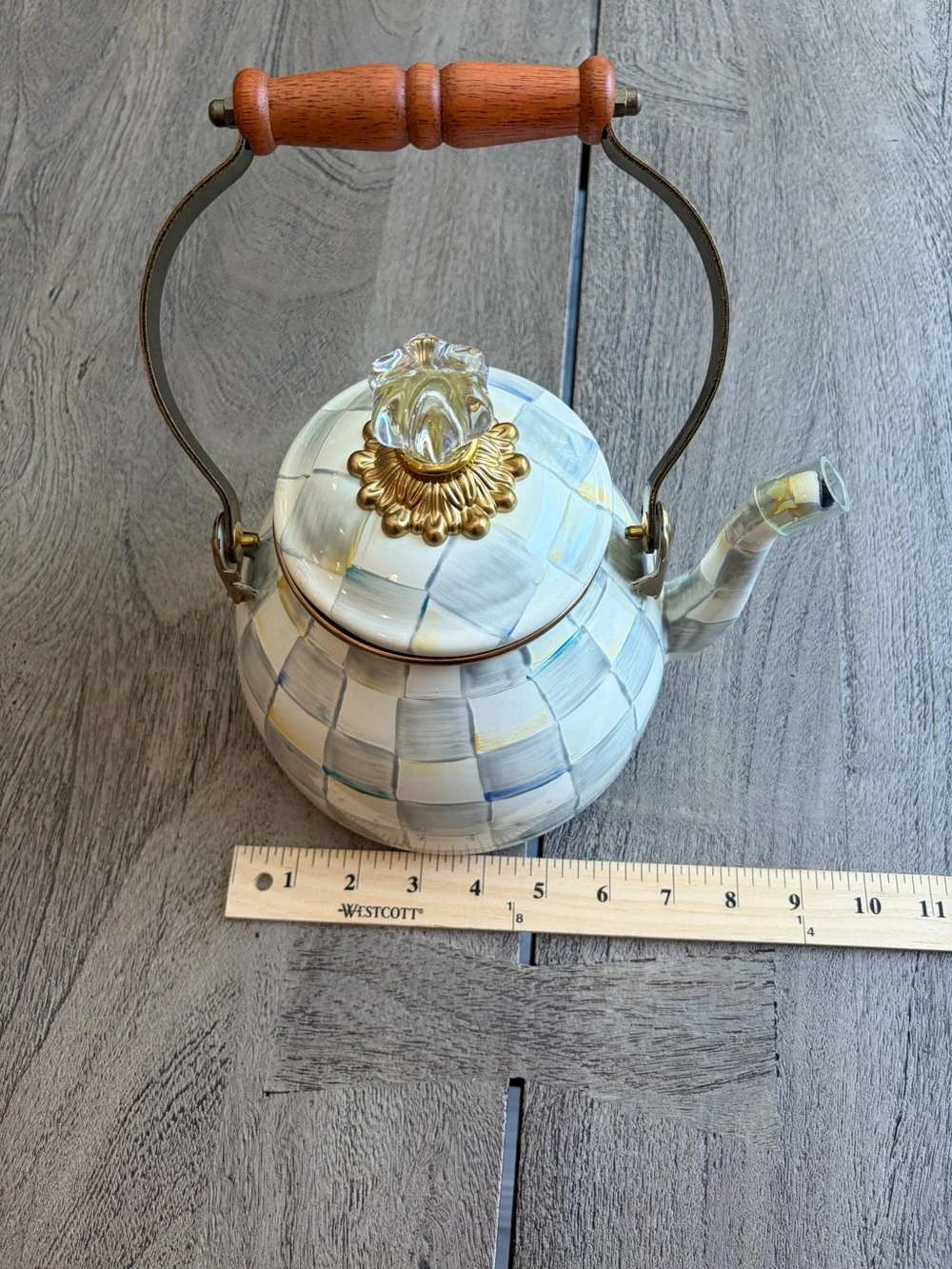 MacKenzie-Childs Sterling Check Enamel Tea Kettle 3 Quart - NEW without box